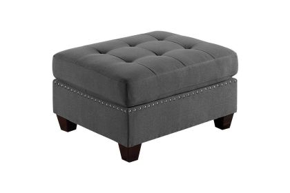 Living Room Furniture Tufted Ottoman Grey Linen Like Fabric 1pc Ottoman Cushion Nail heads Wooden Legs