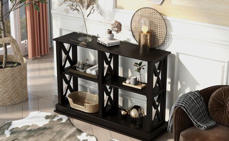 TREXM Console Table with 3-Tier Open Storage Spaces and "X" Legs, Narrow Sofa Entry Table for Living Room, Entryway and Hallway (Black)