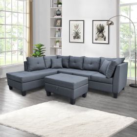 3-Piece sofa with 1 x 3-seat sofa;  1 x Left chaise lounge;  1 x storage ottoman;  7 x back cushions 2 x throw pillows  Dark Gray