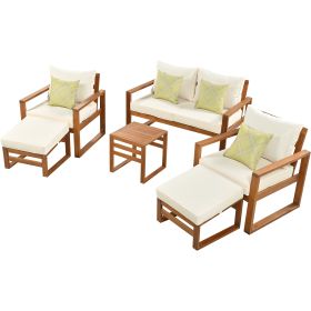 Outdoor Patio Wood 6-Piece Conversation Set; Sectional Garden Seating Groups Chat Set with Ottomans and Cushions for Backyard; Poolside; Balcony (Color: Beige)